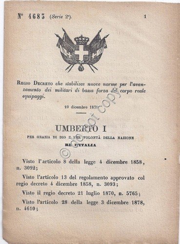 Regio Decreto 1878 Umberto I - militari del corpo reale … | Immagine principale
