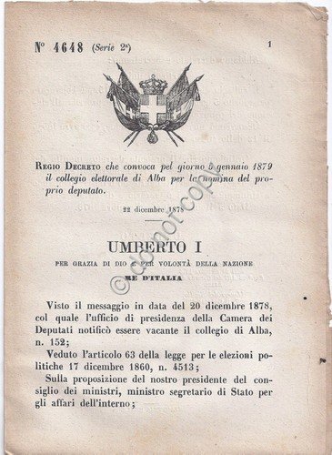 Regio Decreto 1878 Umberto I Alba Collegio elettorale 4648 | Immagine principale