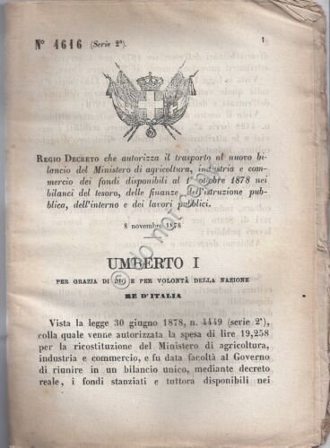 Regio Decreto 1878 Umberto I Bilancio dello Stato 1878 n.4616