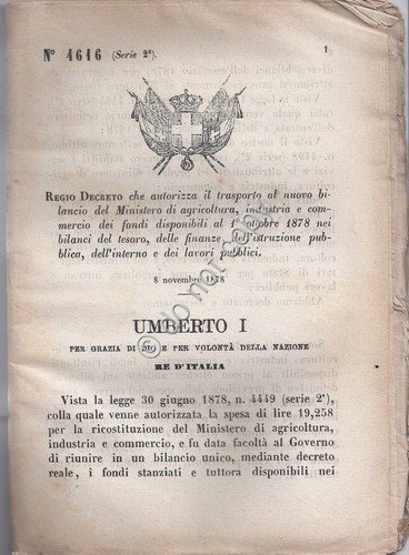 Regio Decreto 1878 Umberto I Bilancio dello Stato 1878 n.4616 | Immagine principale