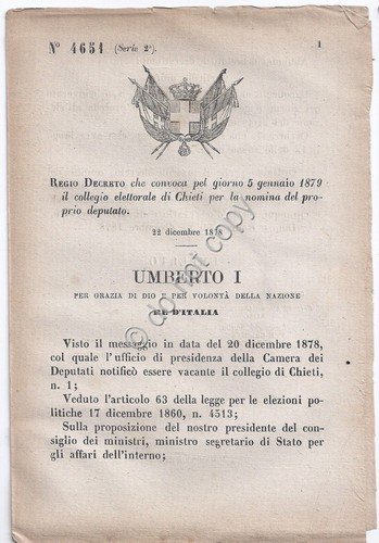 Regio Decreto 1878 Umberto I Chieti Collegio elettorale 4651 | Immagine principale