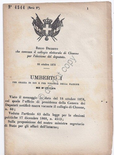 Regio Decreto 1878 Umberto I Collegio elettorale di Clusone4544 | Immagine principale