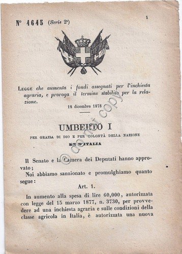 Regio Decreto 1878 Umberto I Condizioni della classe agricola in … | Immagine principale