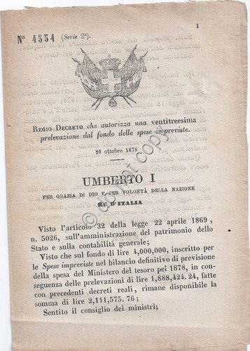 Regio Decreto 1878 Umberto I Conservazioni catasto 4554 | Immagine principale