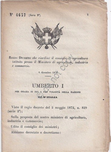 Regio Decreto 1878 Umberto I consiglio di agricoltura presso Ministero … | Immagine principale