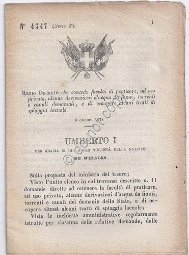 Regio Decreto 1878 Umberto I derivazioni d'acqua a uso privato … | Immagine principale