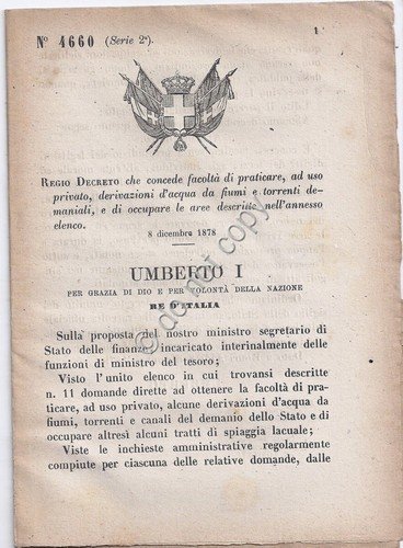 Regio Decreto 1878 Umberto I derivazioni d'acqua ad uso privato …