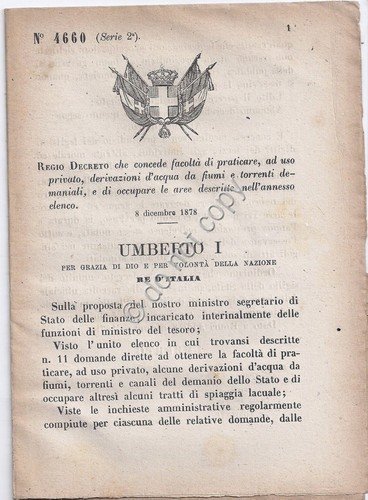 Regio Decreto 1878 Umberto I derivazioni d'acqua ad uso privato … | Immagine principale