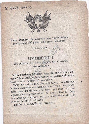 Regio Decreto 1878 Umberto I Fitto di locali 4553 | Immagine principale