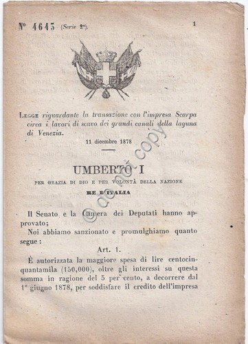 Regio Decreto 1878 Umberto I Impresa Scarpa Laguna di Venezia … | Immagine principale