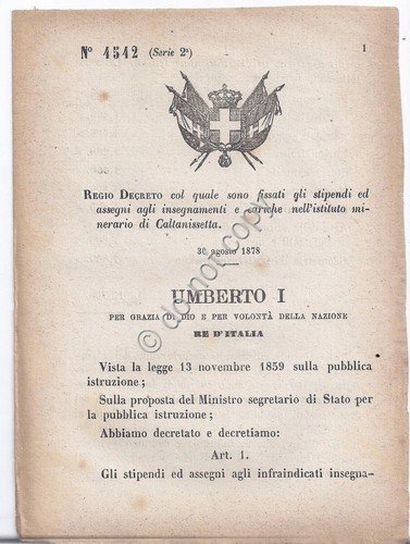 Regio Decreto 1878 Umberto I Istituto minerario di Caltanissetta 4542