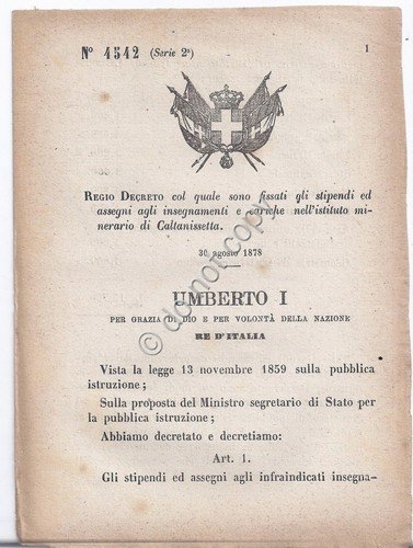 Regio Decreto 1878 Umberto I Istituto minerario di Caltanissetta 4542 | Immagine principale