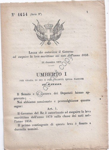 Regio Decreto 1878 Umberto I Leva marittima sui nati nel … | Immagine principale