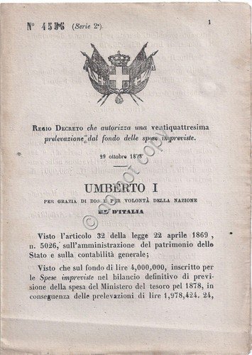 Regio Decreto 1878 Umberto I Manutenzione Naviglio Artiglieria armi sub … | Immagine principale