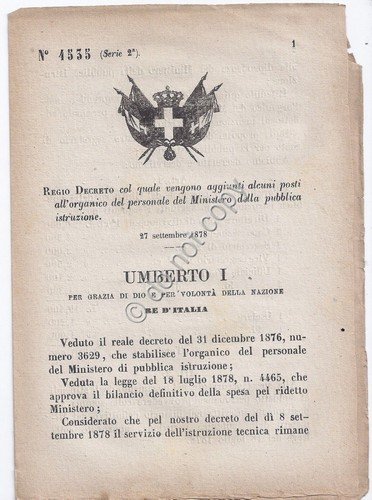 Regio Decreto 1878 Umberto I Ministero Pubblica Istruzione posti stipendi … | Immagine principale