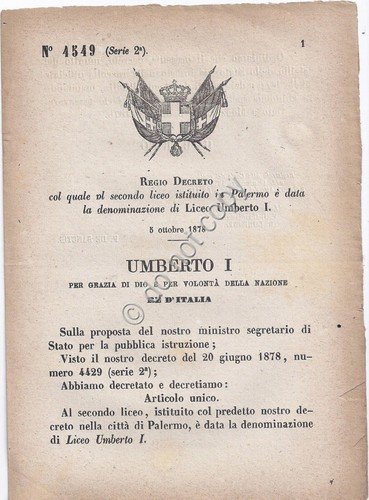 Regio Decreto 1878 Umberto I Palermo Liceo Umberto I 4549