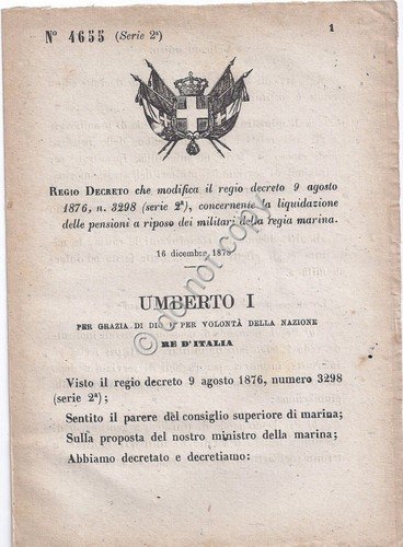 Regio Decreto 1878 Umberto I Pensione militari regia marina 4655 | Immagine principale