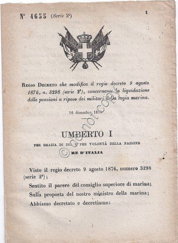 Regio Decreto 1878 Umberto I Pensione militari regia marina 4655