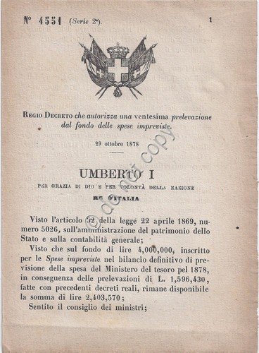 Regio Decreto 1878 Umberto I Porto Messina Bacino di Carenaggio …