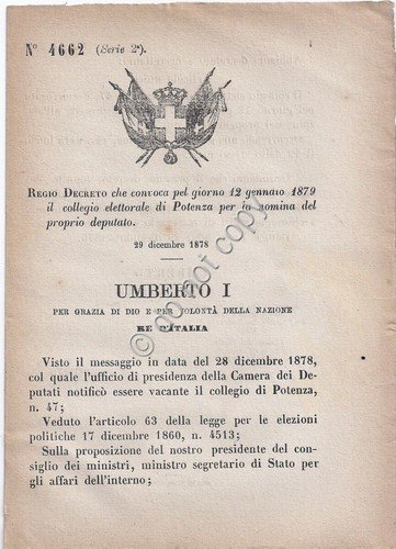Regio Decreto 1878 Umberto I Potenza- Nomina deputato 4662
