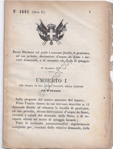 Regio Decreto 1878 Umberto I pratica privata di acqua da … | Immagine principale