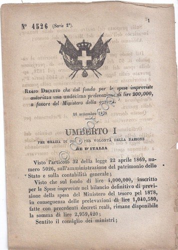 Regio Decreto 1878 Umberto I Prelevazione Ministero Guerra 4526 | Immagine principale