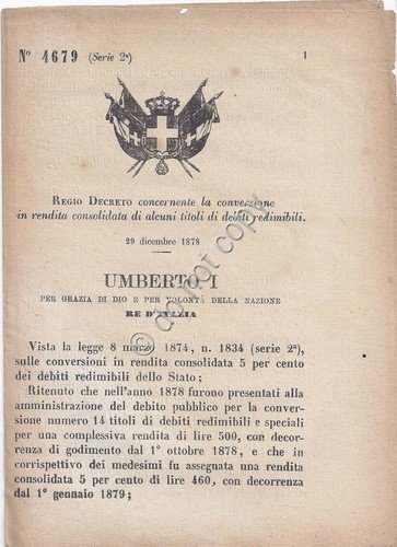 Regio Decreto 1878 Umberto I rendita consolidata titoli debiti redimibili … | Immagine principale