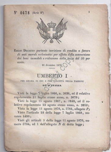 Regio Decreto 1878 Umberto I rendita enti morali ecclesiastici 4678 | Immagine principale