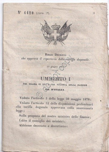 Regio Decreto 1878 Umberto I repertorio tariffa doganale 4420 | Immagine principale