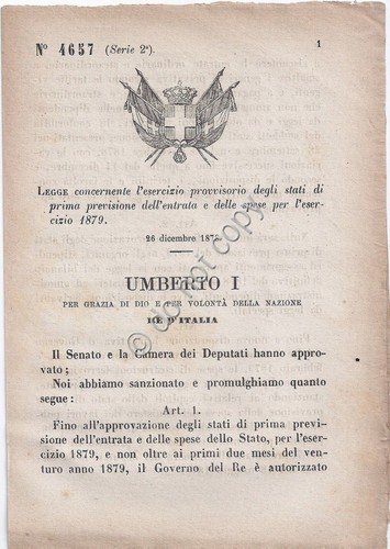 Regio Decreto 1878 Umberto I Spese esercizio 1879 n. 4657 | Immagine principale
