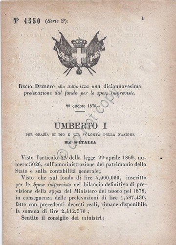 Regio Decreto 1878 Umberto I spese Ispezioni ordinate Ministero Missioni … | Immagine principale