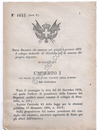Regio Decreto 1878 Umberto I Stradella Collegio elettorale 4653