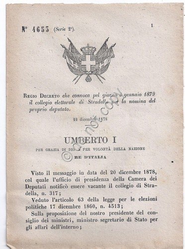 Regio Decreto 1878 Umberto I Stradella Collegio elettorale 4653