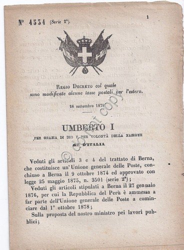 Regio Decreto 1878 Umberto I Tasse per affrancatura con destino … | Immagine principale