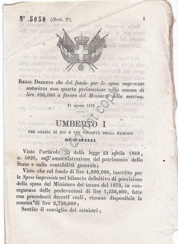 Regio Decreto 1879 - Umberto I - Ministero della Marina … | Immagine principale
