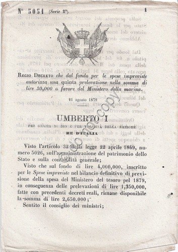 Regio Decreto 1879 - Umberto I - Prelevazione per Ministero …