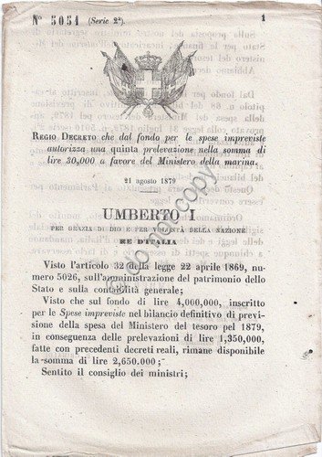 Regio Decreto 1879 - Umberto I - Prelevazione per Ministero … | Immagine principale