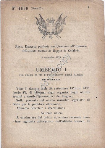 Regio Decreto 1879 Reggio Calabra Modificazione Organico Istituto Tecnico 4630 | Immagine principale