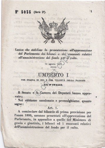 Regio Decreto 1879 Umberto I approvazione bilanci fondo per culto … | Immagine principale