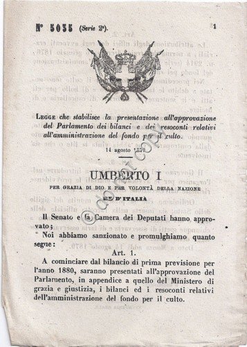 Regio Decreto 1879 Umberto I approvazione bilanci fondo per culto …