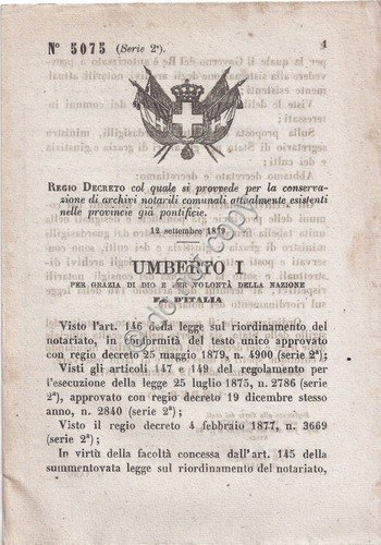 Regio Decreto 1879 Umberto I Archivi notarili provincie già pontificie … | Immagine principale