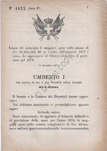 Regio Decreto 1879 Umberto I Bilancio 1877 bilancio 1878 n.4623 | Immagine principale