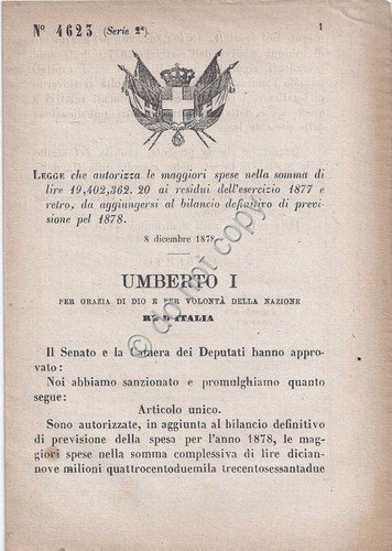 Regio Decreto 1879 Umberto I Bilancio 1877 bilancio 1878 n.4623