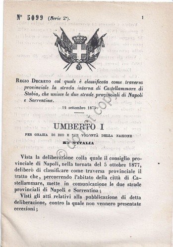 Regio Decreto 1879 Umberto I Castellamare di Stabia strada traversa … | Immagine principale