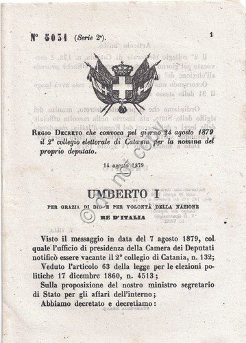 Regio Decreto 1879 Umberto I Catania per la nomina del … | Immagine principale