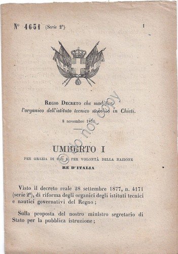 Regio Decreto 1879 Umberto I Chieti Organico Istituto tecnico 4631 | Immagine principale