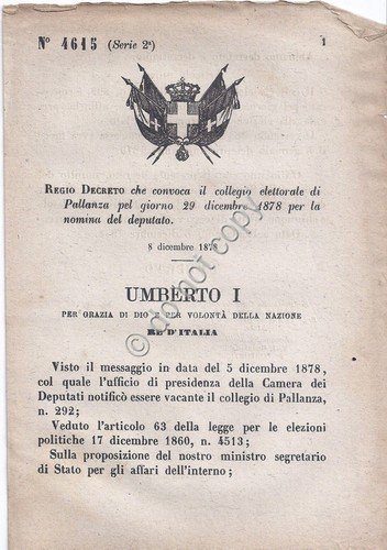 Regio Decreto 1879 Umberto I Collegio elettorale di Pallanza 4615 | Immagine principale