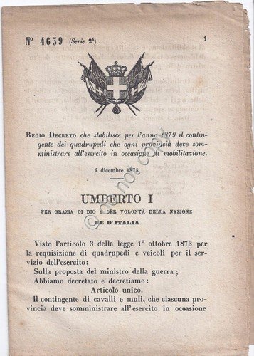 Regio Decreto 1879 Umberto I Contingente dei quadrupedi per provincia … | Immagine principale