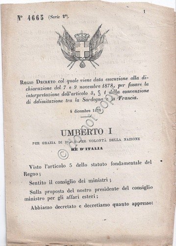 Regio Decreto 1879 Umberto I delimitazione tra Sardegna e Francia …
