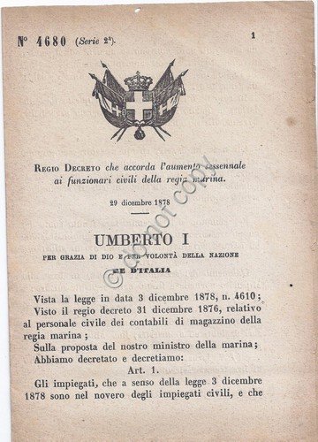 Regio Decreto 1879 Umberto I Funzionari civili regia marina aumento … | Immagine principale